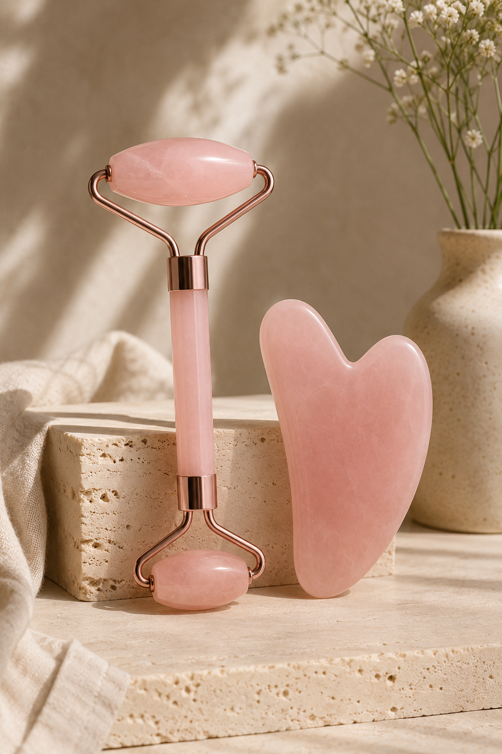 Rose Quartz Facial Roller Massager Set